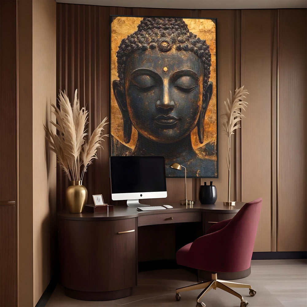Tablou canvas cu tablou canvas cu capul lui buddha, in rama de aluminiu negru, pe perete intr-un birou